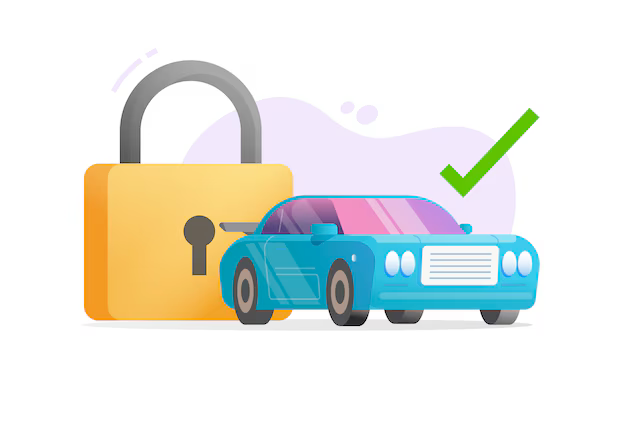Stylized automotive interface showing a secure padlock icon over a car silhouette